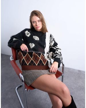 TOPSHOP Knitted Mixed Pattern Patchwork Sweater - Black