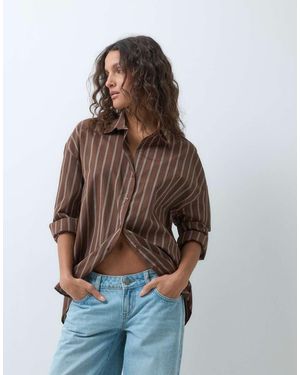 ONLY Camicia Oversize Con Orlo Asimmetrico A Righe Marroni E Crema - Marrone