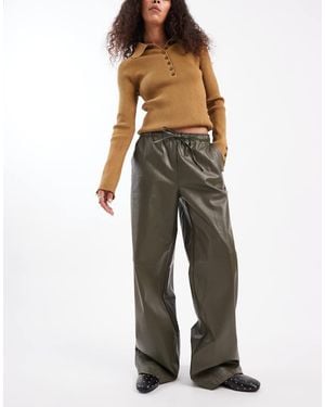 Vero Moda Tie Waist Wide Leg Faux Leather Trouser - Green
