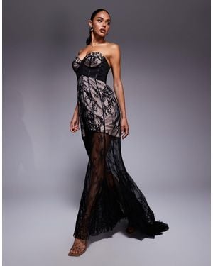 ASOS Sculpted Boned Corset Detail Bandeau Lace Maxi Dress With Fishtail Hem And Contrast Lining - Blue