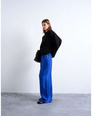 TOPSHOP Textured Satin Straight Leg Trouser - Blue