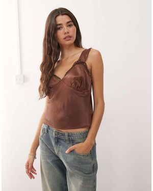 Reclaimed Vintage Satin Cami Top With Lace Trim - Brown