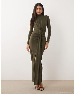 TFNC London Sculpted High Neck Shoulder Pad Detail Draped Front Maxi Dress - Natural