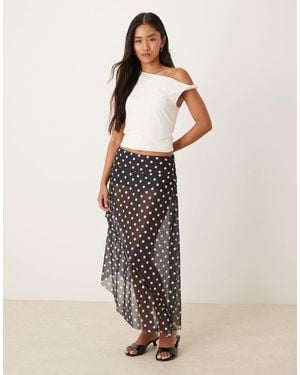 House Of Sunny Polka Dot Mesh Button Detail Midi Skirt - Natural
