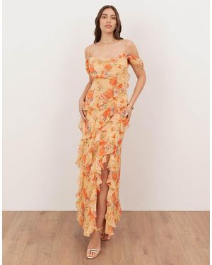 ANAYA Floral Print Cowl Neck Cold Shoulder Ruffle Maxi Dress - Pink