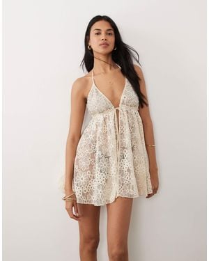 Miss Selfridge Beach Premium Beaded Lace Tie Front Mini Cover Up - Natural