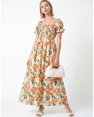 Lovedrobe Floral Print Short Sleeve Shirred Midaxi Dress - Metallic