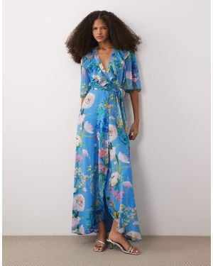 Hope & Ivy Flutter Sleeve Maxi Wrap Dress With Tie Waist - Blue