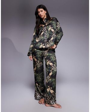 River Island Pijama Con Estampado De Pájaros De Satén De - Gris