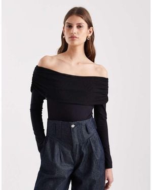 ASOS Mesh Bardot Long Sleeve Bodysuit With Cotton Body - Black