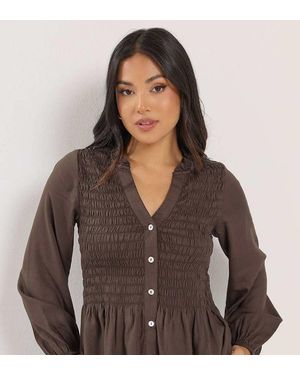 PixieGirl Petite Shirred Long Sleeve Shirt - Brown