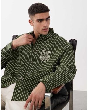 ASOS Oversized Twill Striped Shirt With Chest Embroidery - Green