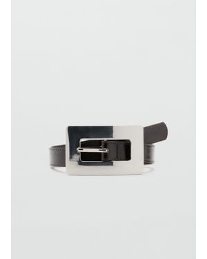 Mango Faux Leather Belt With Oversized Rectangle Silver-tone Buckle - Brown