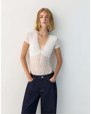 Pull&Bear Short Sleeve Lace Bodysuit - Blue
