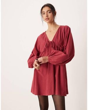 ASOS Corduroy V-neck Tie Bust Mini Dress With Volume Sleeve - Red
