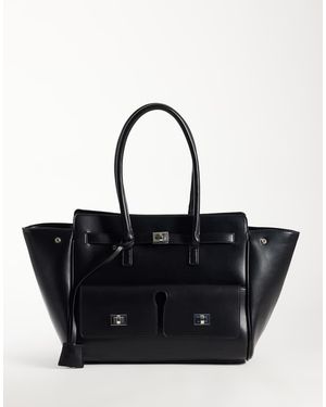 Gina Tricot Large Faux Leather Tote Bag With Utility Details - Black