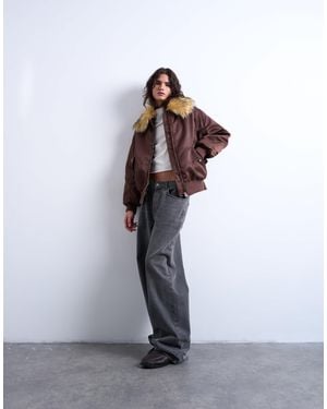 TOPSHOP Nylon Bomber Jacket With A Faux Fur Collar - Brown