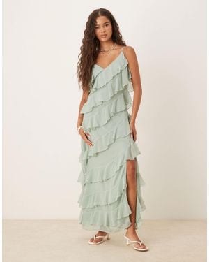 Vila Asymmetric Frill Maxi Dress With Side Split - Green