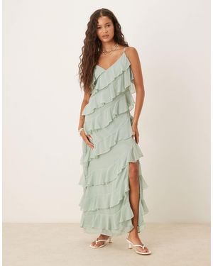 Vila Ruffle Cami Midi Dress With Leg Split - Green