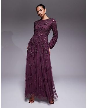 Beauut Fully Embellished Beaded Mesh Overlay Balloon Sleeve Maxi Dress - Purple