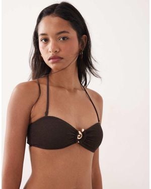 Mango Tie Neck Crinkle Effect Bikini Top With Gold Statement Accent - Black