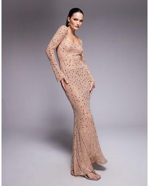Oh Polly Long Sleeve Bodycon Hot Fix Embellished Maxi Dress - Gray
