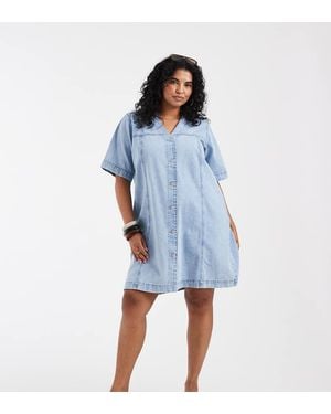 Vero Moda Short Sleeve Button Front Denim Mini Dress - Blue