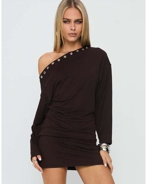 Princess Polly Sakaia Off Shoulder Long Sleeve Ruched Eyelet Mini Dress - Black