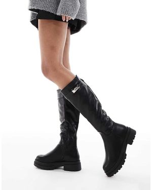 SEQWL Botas Por La Rodilla Negras Planas De Estilo Ecuestre Con Hebilla Grande De - Negro