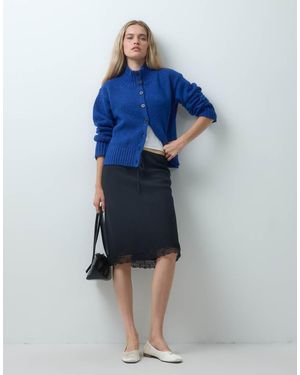 Reclaimed Vintage Flax Textured Awkward Length Midi Skirt With Lace Trim - Blue