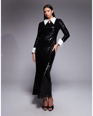 DASKA Vestido Largo De Lentejuelas Con Detalle De Solapas De - Negro
