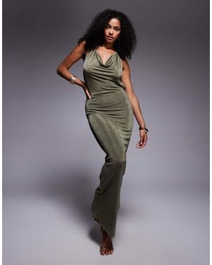 Aria Cove Slinky Deep Cowl Neck Open Tie Back Maxi Dress - Grey