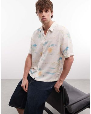 AllSaints Breezer Short Sleeve Linen Blend Summer Print Shirt - White