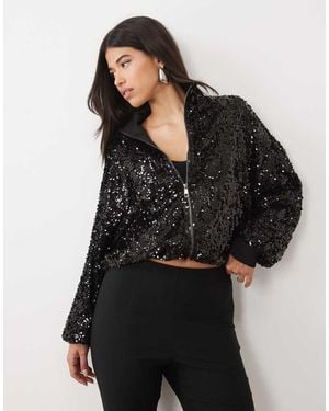 Kaiia Exclusive Sequin Funnel Neck Bomber Jacket - Black