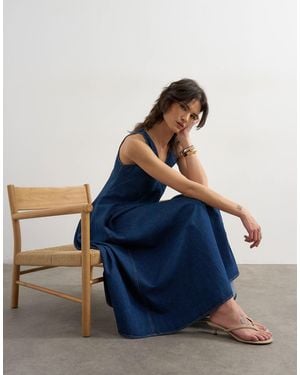 TOPSHOP Denim V Neck Seamed Full Maxi Dress - Blue