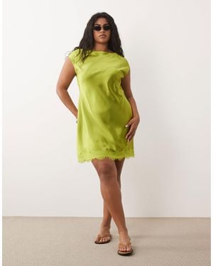 ASOS Asos Design Curve Slash Neck Satin Mini Dress With Lace Hem - Yellow