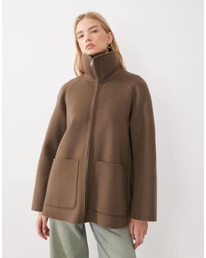 ARKET Pure Double Wool High Funnel Neck Collar Short Coat - Brown