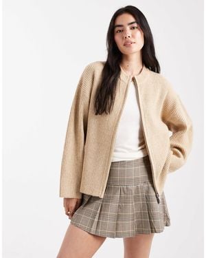 4th & Reckless Premium High Neck Double Zip Knit Bomber Cardigan - Natural