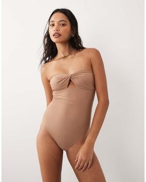 Miss Selfridge Twist Bandeau Swimsuit - Brown