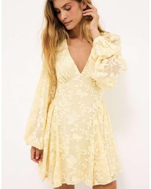 NA-KD Embroidered Chiffon Long Sleeve Mini Dress - Natural