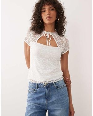 Miss Selfridge Short Sleeve Tie Neck Lace Top - White
