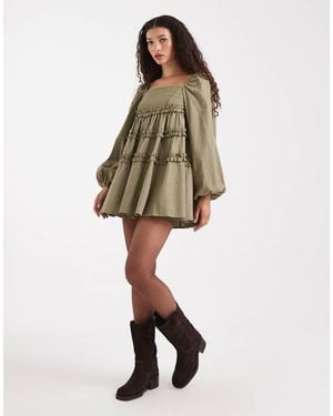 Daisy Street Volume Tiered Long Sleeve Mini Dress - Natural