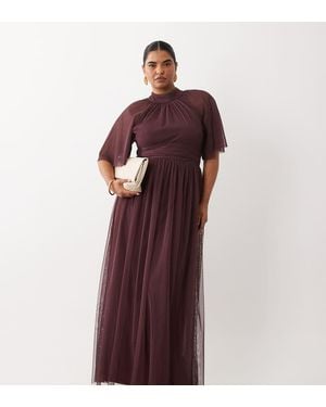 Lace & Beads Plus Vestido Maxi De Tul Con Cuello Alto Y Mangas Cortas Acampanadas En-Marrón - Rojo