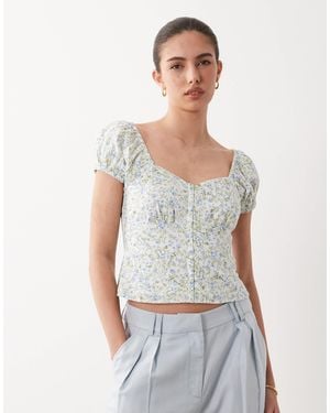 Nobody's Child Bute Linen Blend Sweetheart Neck Shirred Back Puff Sleeve Top - Gray