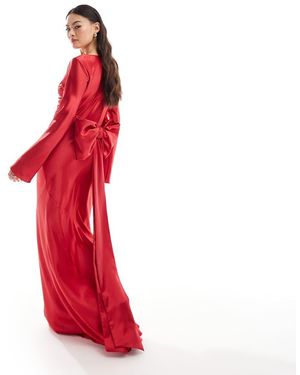DASKA Satin Maxi Dress With exaggerated Bow Back - Red
