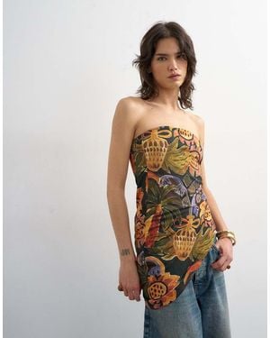 TOPSHOP Top Fruncido Con Bajo Asimétrico, Escote Palabra De Honor Y Estampado Tropical - Multicolor