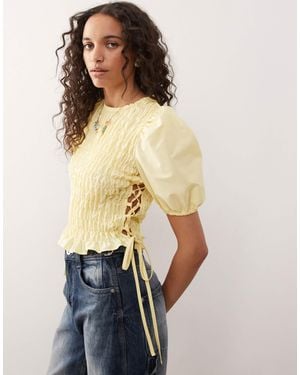 Collusion Shirred Top With Lace Up Detail At Side - Natural
