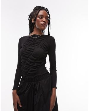 TOPSHOP Long Sleeve Shirred Top - Black