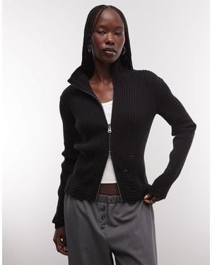 Weekday Wool Blend Zip Cardigan With Distressed Detail - Black