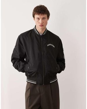 Calvin Klein Nylon Graphic Bomber Jacket With Stripe Collar Detail - Black